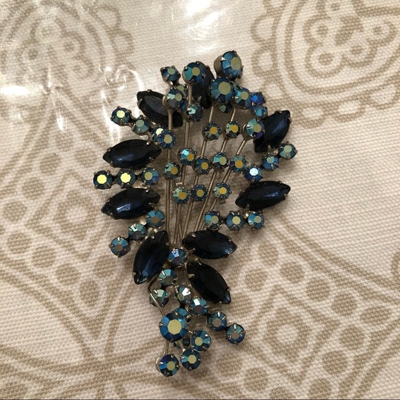 OUTSTANDING PEACOCK LIKE LONG FLORAL BLUE BROOCH - Picture 5 of 9